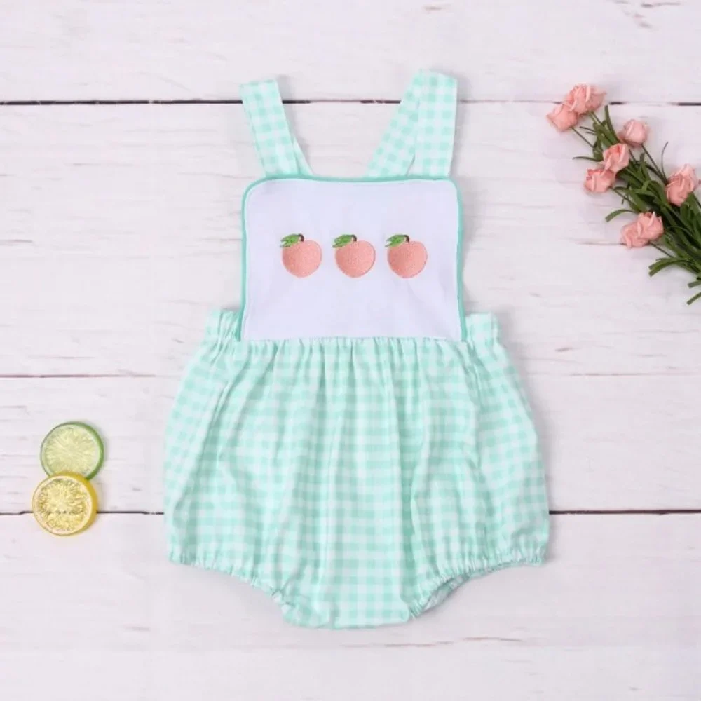 Boutique Baby Boys Embroidered Peaches Blue Plaid Romper Jumpsuit